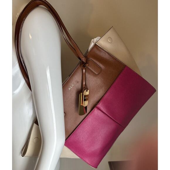 Ralph Lauren Newbury Colorblock Pocket Brown, Pin and Ivory Leather Tote, 21-09 - Picture 1 of 15